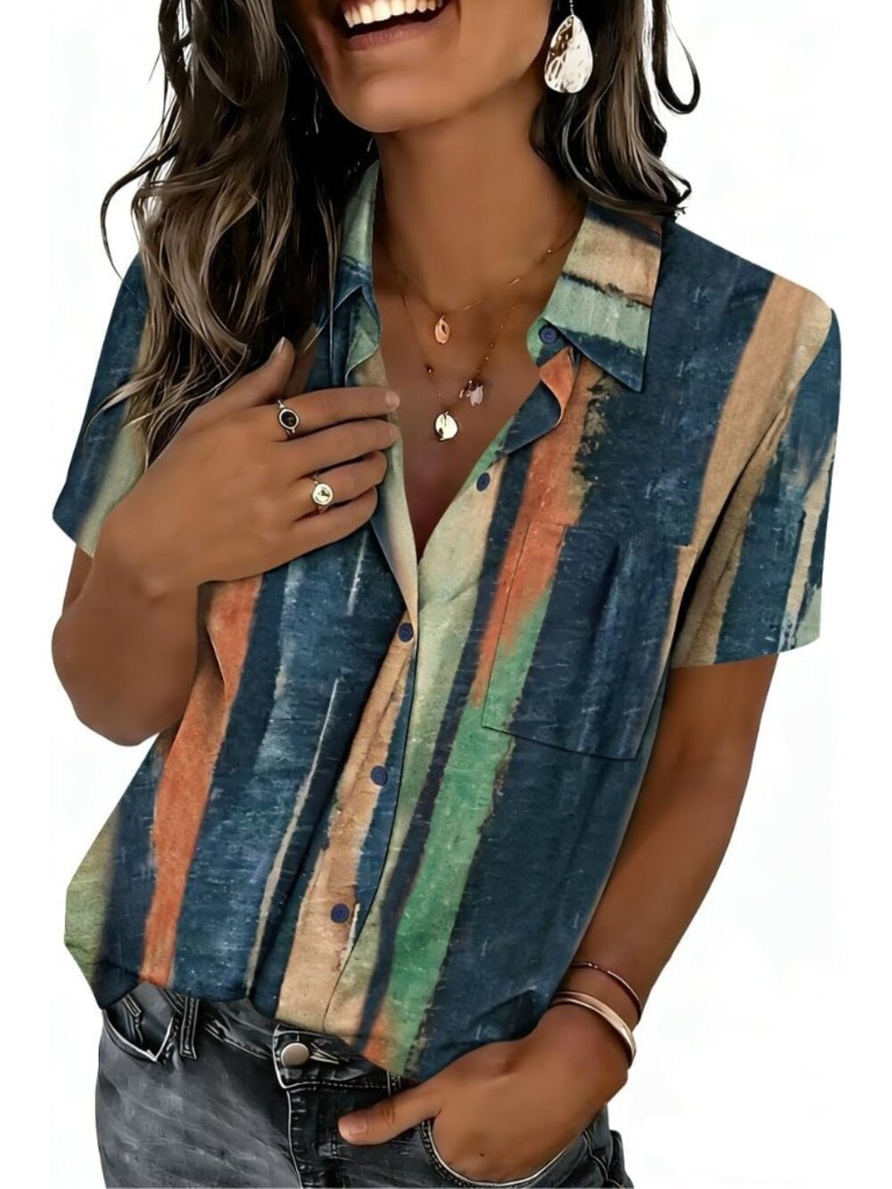 Women's Tie Dye Stripes Short Sleeve V-neck Button Down Imported Casual Shirts